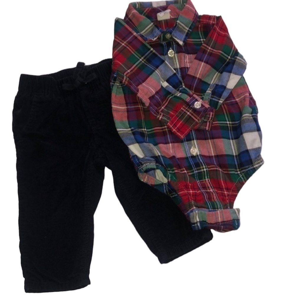 Baby Gap set. Plaid onesie type top and navy corduroy pants. (6-12 months)